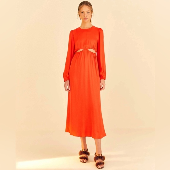 FARM Rio Red Viscose Satin Cutout Dress - Picture 1 of 5